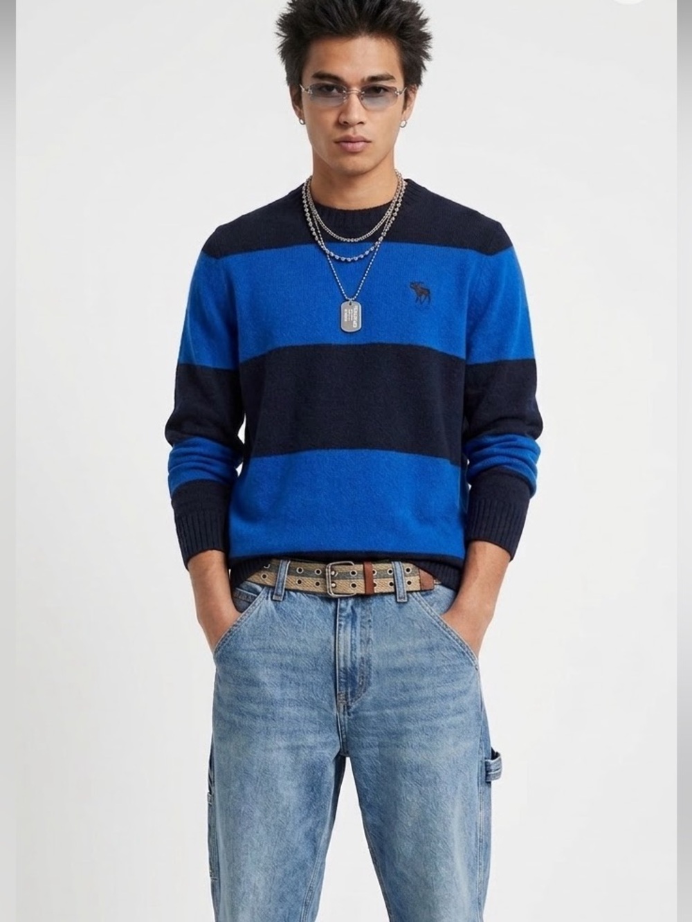 Y2K Abercrombie & Fitch Wool Muscle Sweater Rugby Stripe Embroidered Moose Prep